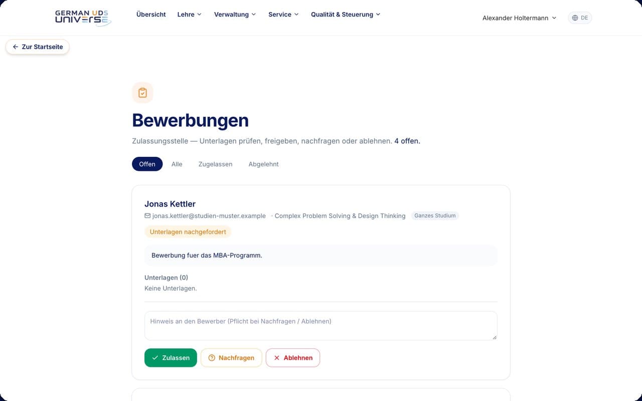 Zulassungsstelle: Bewerbungen prüfen und freigeben